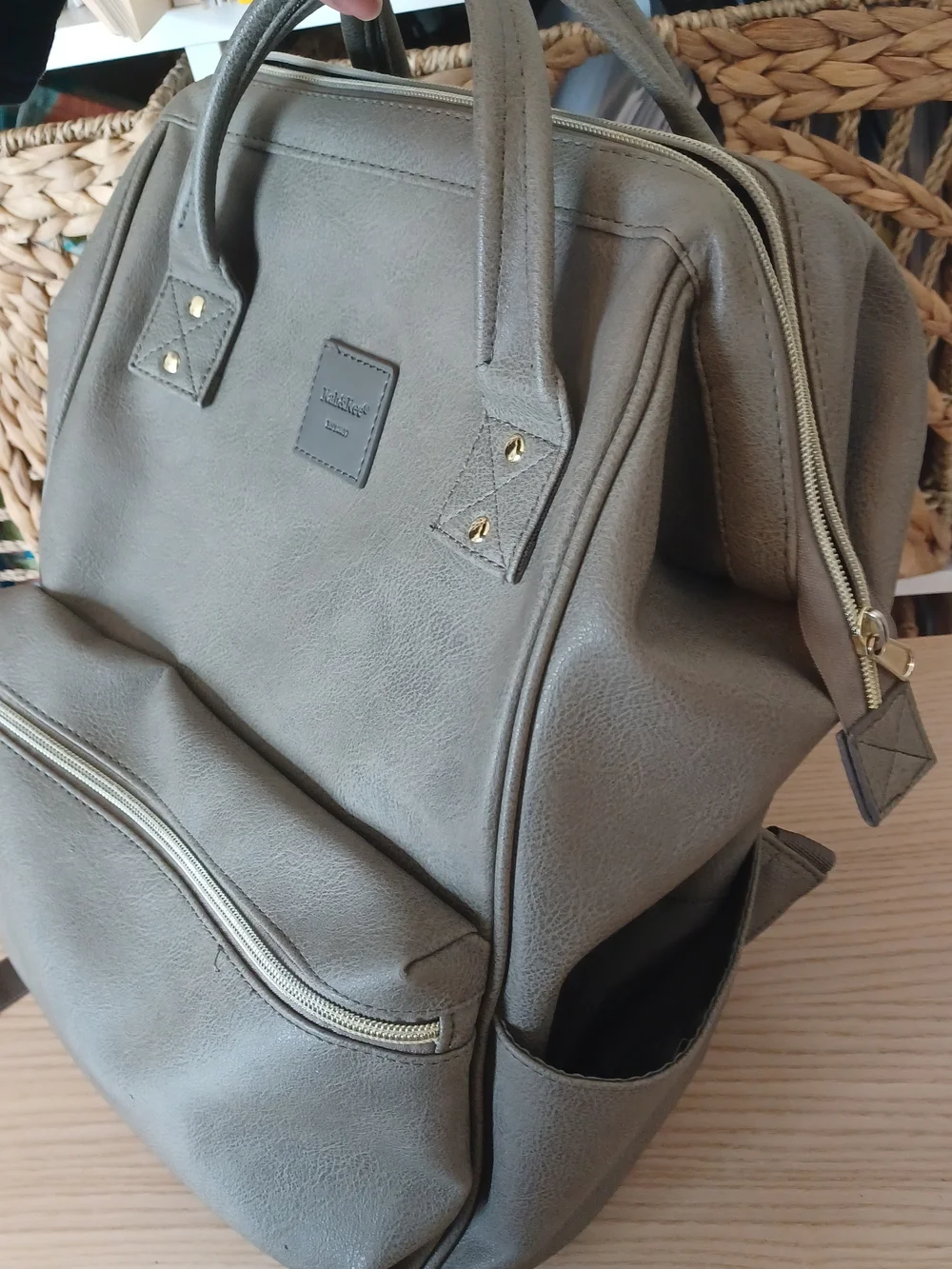 Gray Taupe Faux Leather Vegan Backpack with Front Zip Pocket - Picture 3 of 5